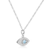Natural Blue Topaz Rhodium Plated Evil Eye Pendant Necklace Blue Topaz Eye of Protection Necklace