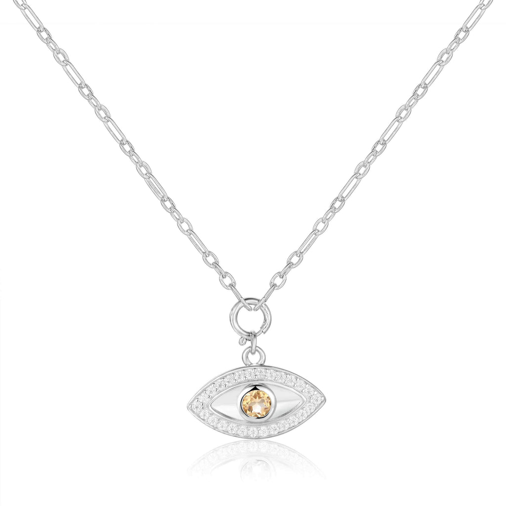 Natural Citrine Rhodium Plated Evil Eye Necklace