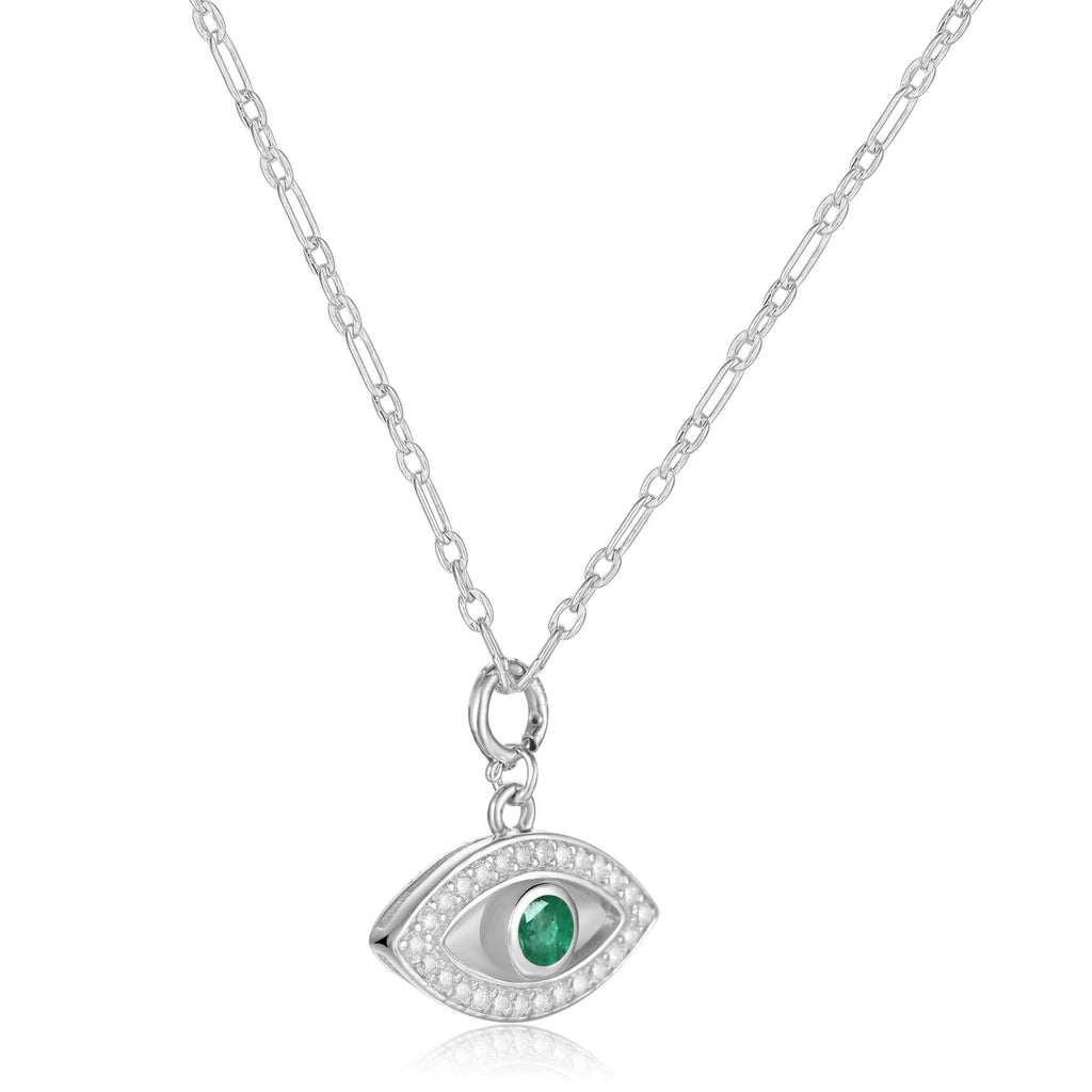 Genuine Emerald Rhodium Plated Evil Eye Necklace