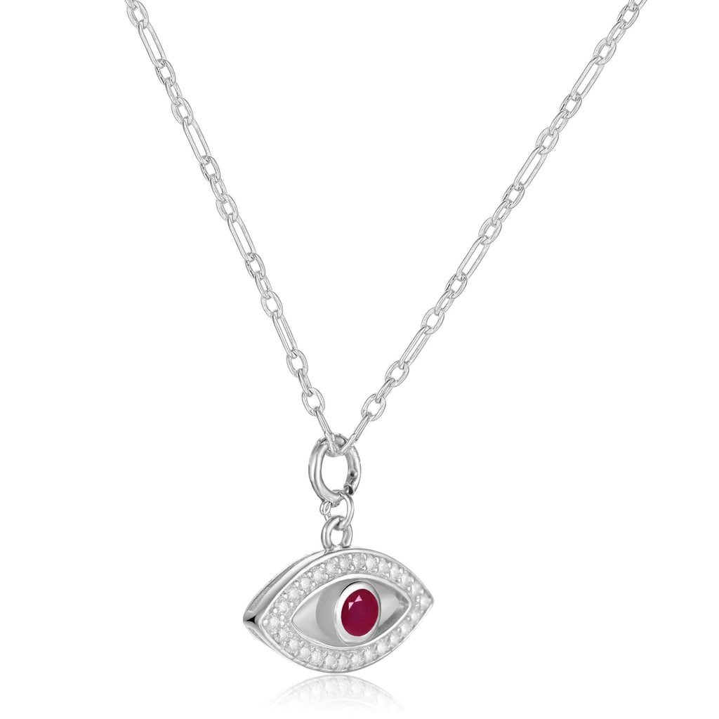 Genuine Ruby Rhodium Plated Evil Eye Necklace