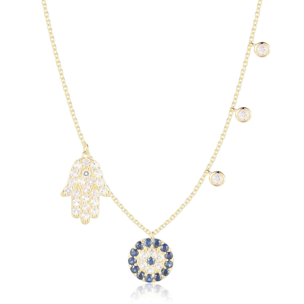 Gold Plated Hamsa & Evil Eye Blue Sapphire Charm Necklace
