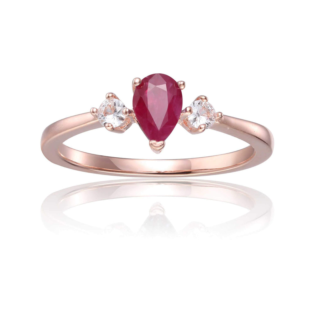 Rose Gold Plated Three Stone Teardrop Genuine Ruby Ring