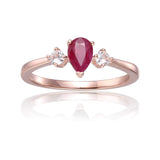 Ruby Three Stone Teardrop Ring, Pear ruby ring with moissanite
