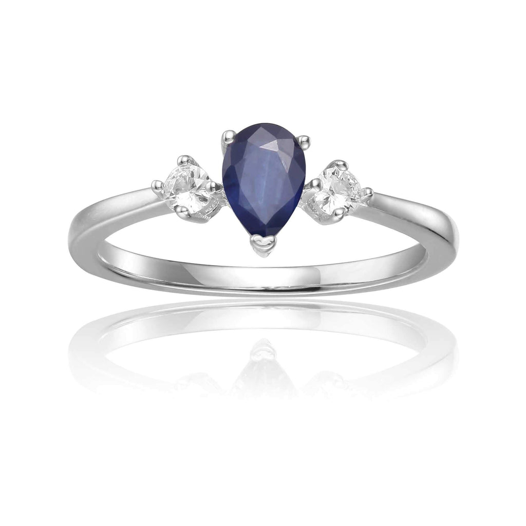 Rose Gold Plated Three Stone Teardrop Blue Sapphire Ring: