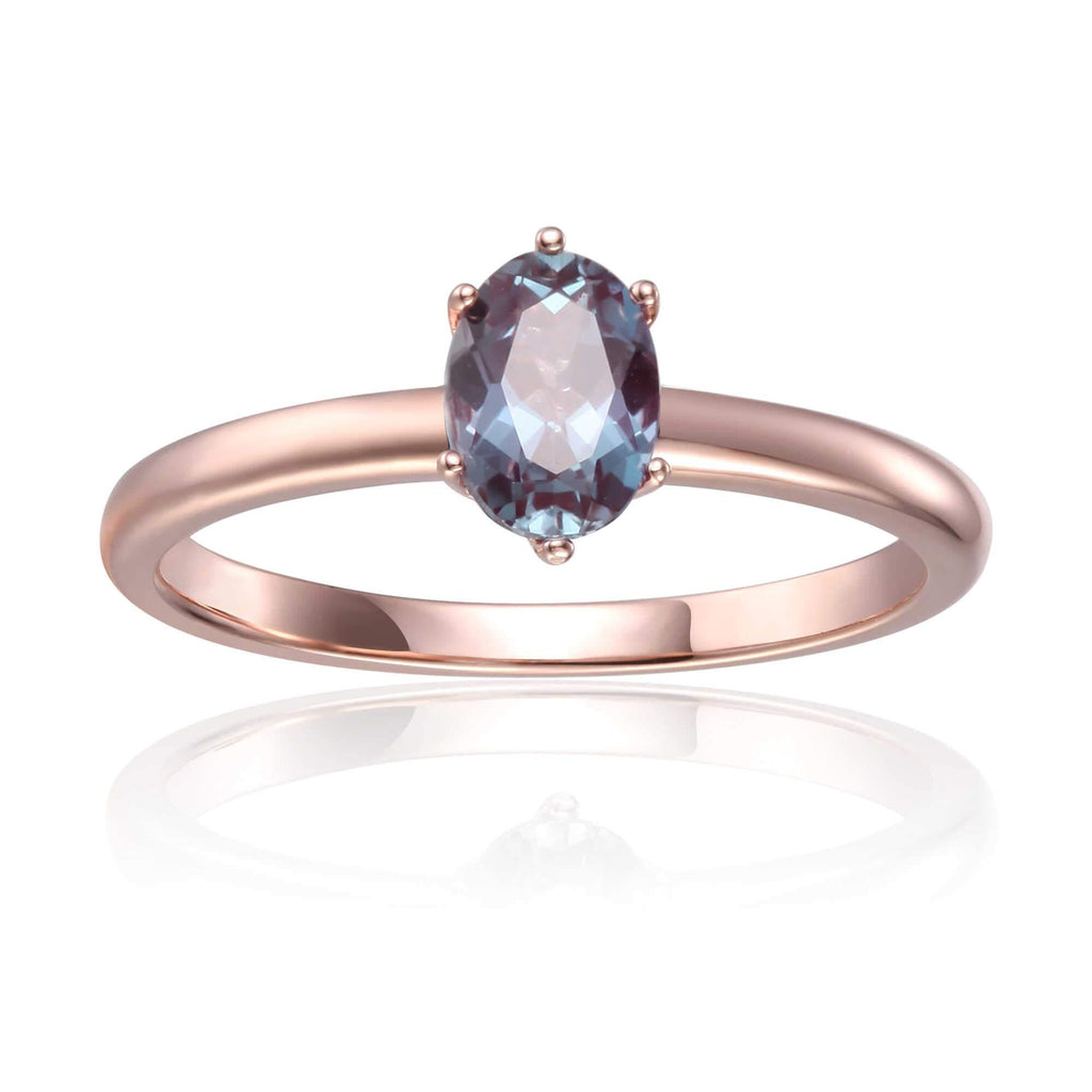 Rose Gold Plated Oval Shaped Created Alexandrite Solitaire Ring