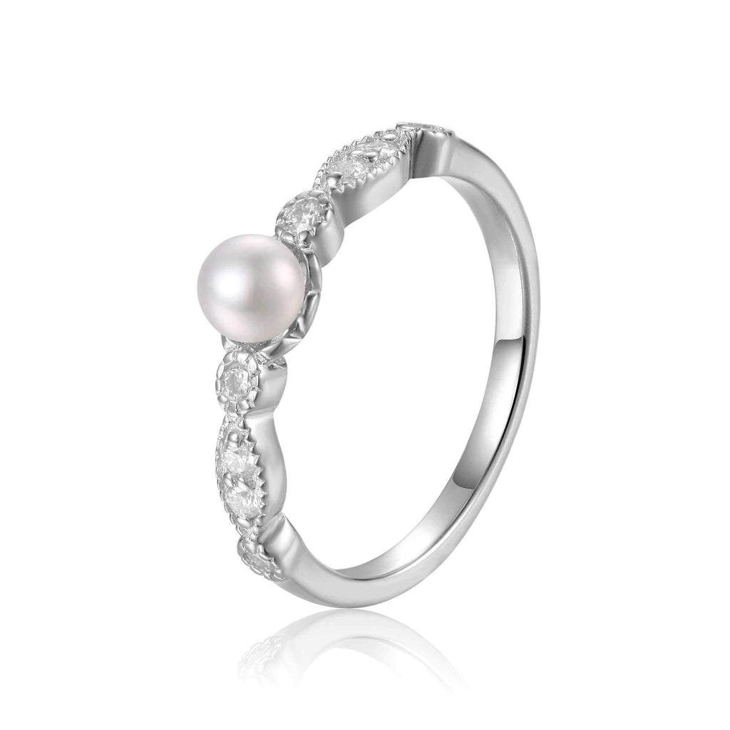 Dainty Pearl Solitaire Ring with Moissanite Accents