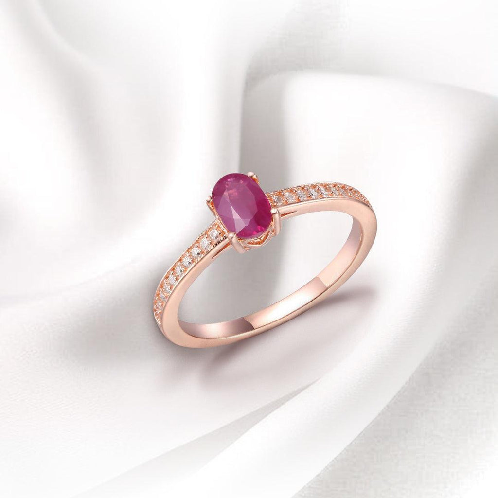 Genuine Ruby Solitaire Engagement Ring with Moissanite Accents in Rose Gold Plated Sterling Silver - FineColorJewels